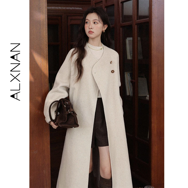 ALXNAN Wool Blend Long Coat Women Two Ways Stand Collar Detachable Scarf Oat Beige Fall Winter Oversized Wool Outer Coat L58622
