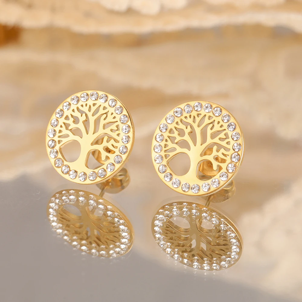 Dawapara Circle Tree of Life Stud Earrings Clear Zircon Round Earrings Stainless Steel Irish Jewelry Friendship Gift