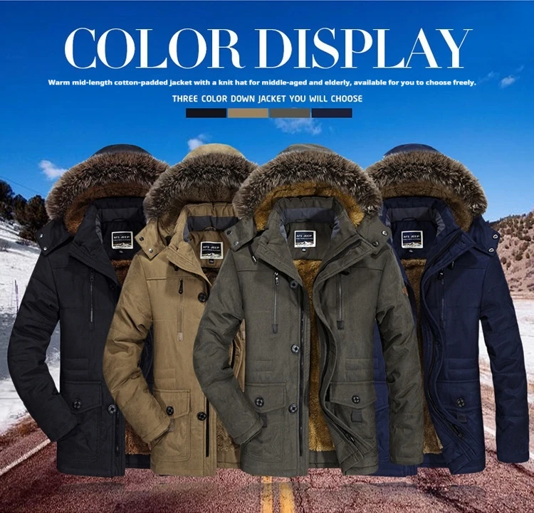 

Mens Mid Long Cotton Jacket Autumn Winter Hooded Fleece Lined Plus Size Middle Aged Elderly Thick Warm Coat jackets for man