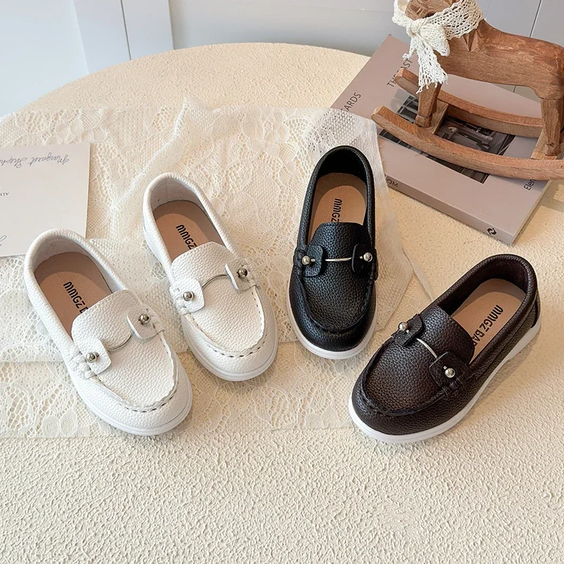 Toddler Kids Leather Loafers Slip On Penny Boat Shoes Metal Button Strap Soft Rubber Sole Lightweight Uniform Dress Shoe School