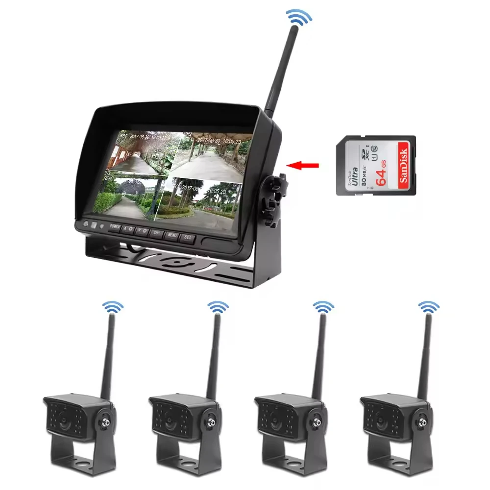 Wireless Camera Kit System Car Security Rear View Cam 4CH 7 Inch Screen MDVR BUS Truck RV Trailer Wireless Backup Camera