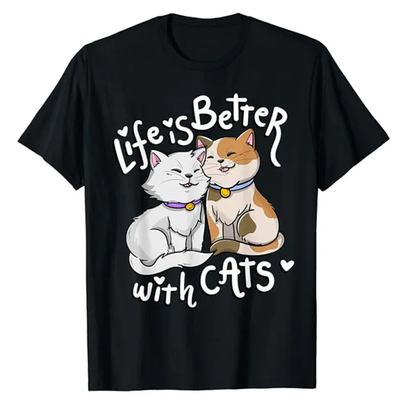 

Valentine's Cat Lover Life Is Better with Cats Mother's Day T-Shirt Kitty Lover Graphic Tee Tops Girlfriends Boyfriends GF Gifts