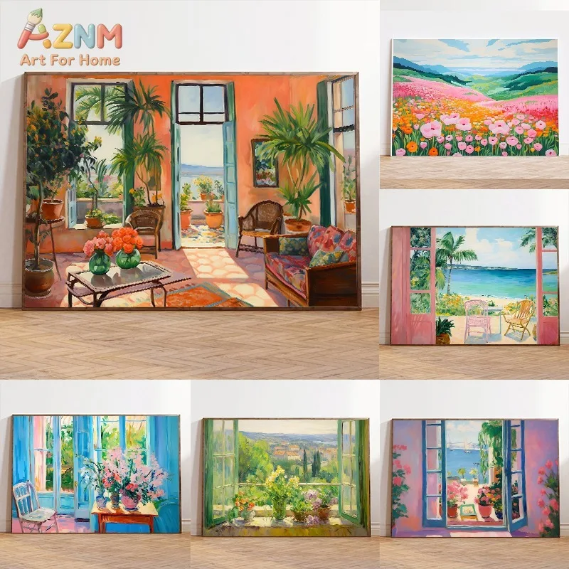 AZNM Matisse Inspired Open Window Canvas Wall Art, Colorful Mediterranean Coastal Landscape Print Poster, Unframed Impressionist