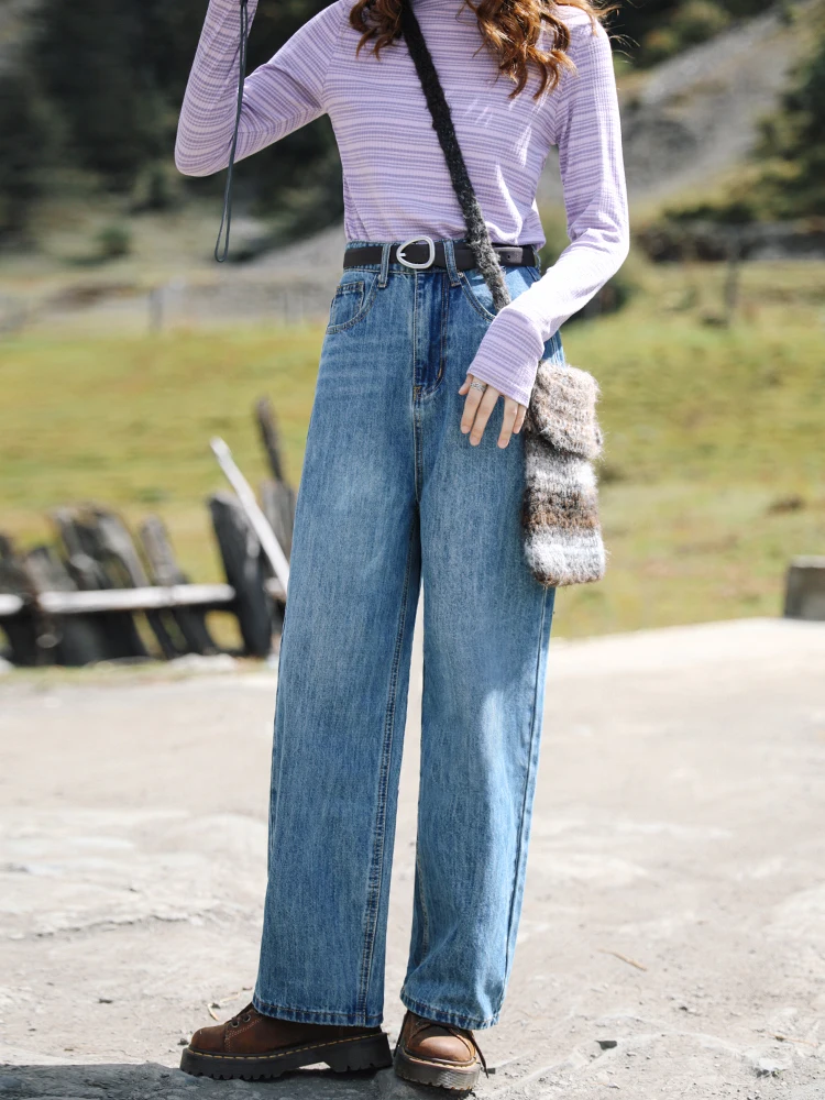 

Прямые джинсы с высокой талией, синие джинсовые джинсы с завышенной талией, женские длинные брюки свободного покроя, осень-зима, ретро, смесь хлопка