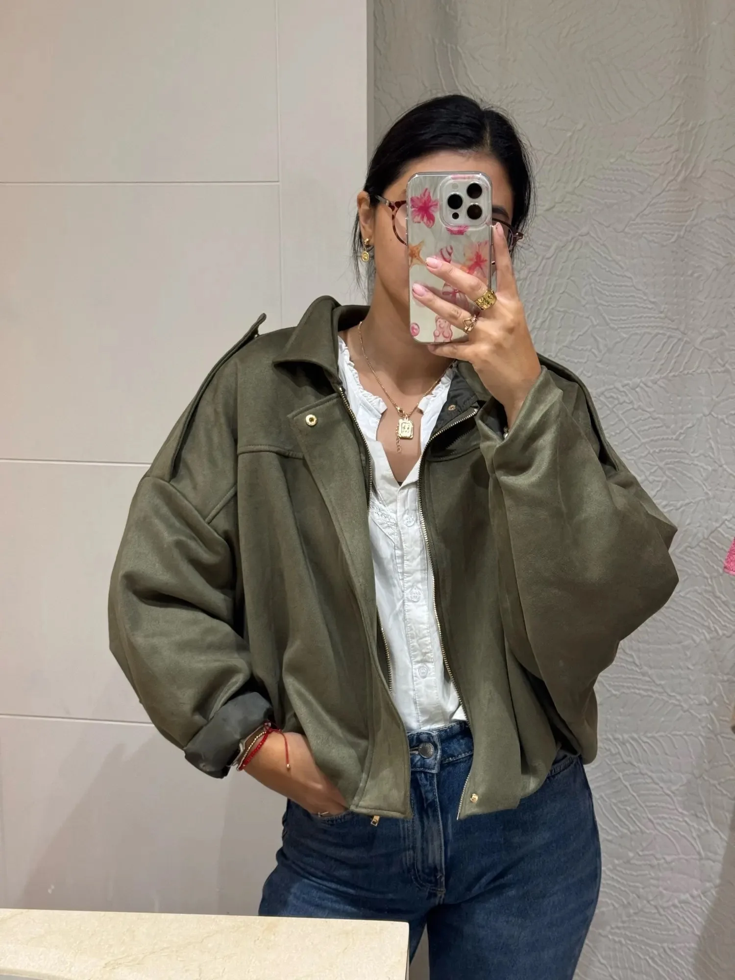Jaket Bomber Wanita Oligai Musim Gugur 2025 Beludru Longgar Pakaian Jaket Mantel Kasual Hijau Mantel Wanita untuk Streetwear