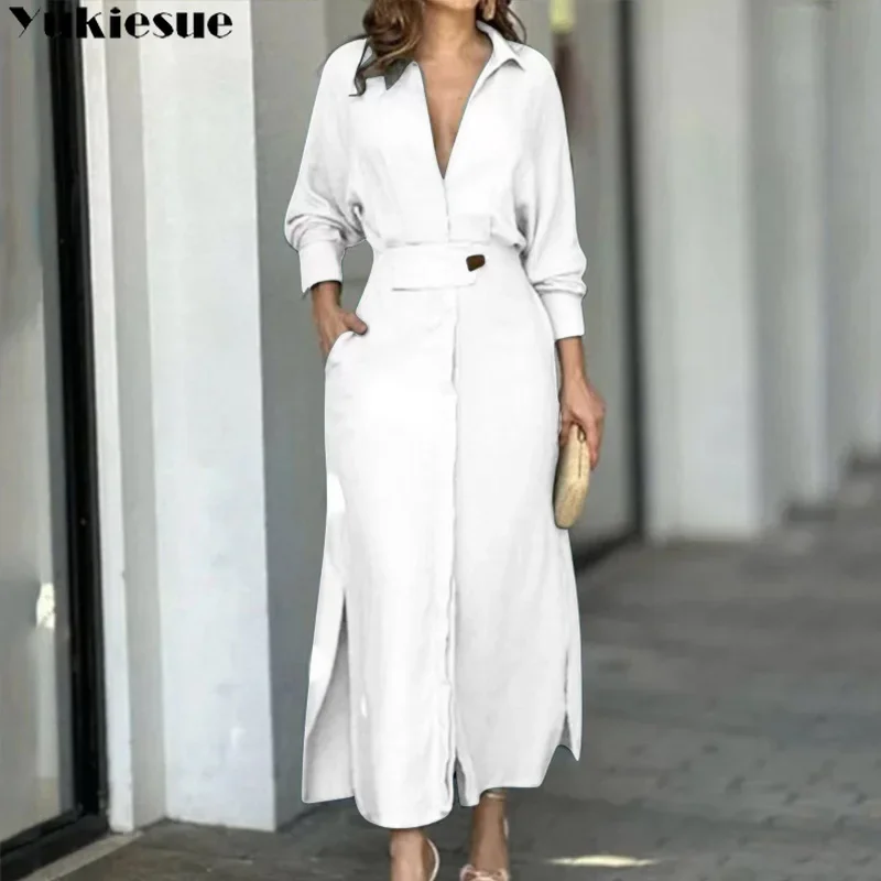 فستان نسائي 2023 ربيع خريف موضة جديدة فساتين سهرة أنيقة بلون واحد جيوب للحفلات فستان بأكمام طويلة وطية صدر السترة #3