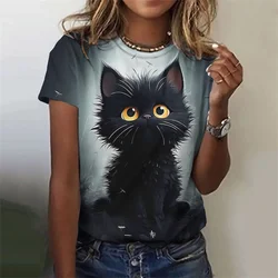 Camiseta con estampado de animales en 3D para mujer, camisetas con diseño de gato divertido, camisetas Harajuku de verano, camisetas de cuello redondo, camisetas holgadas de manga corta
