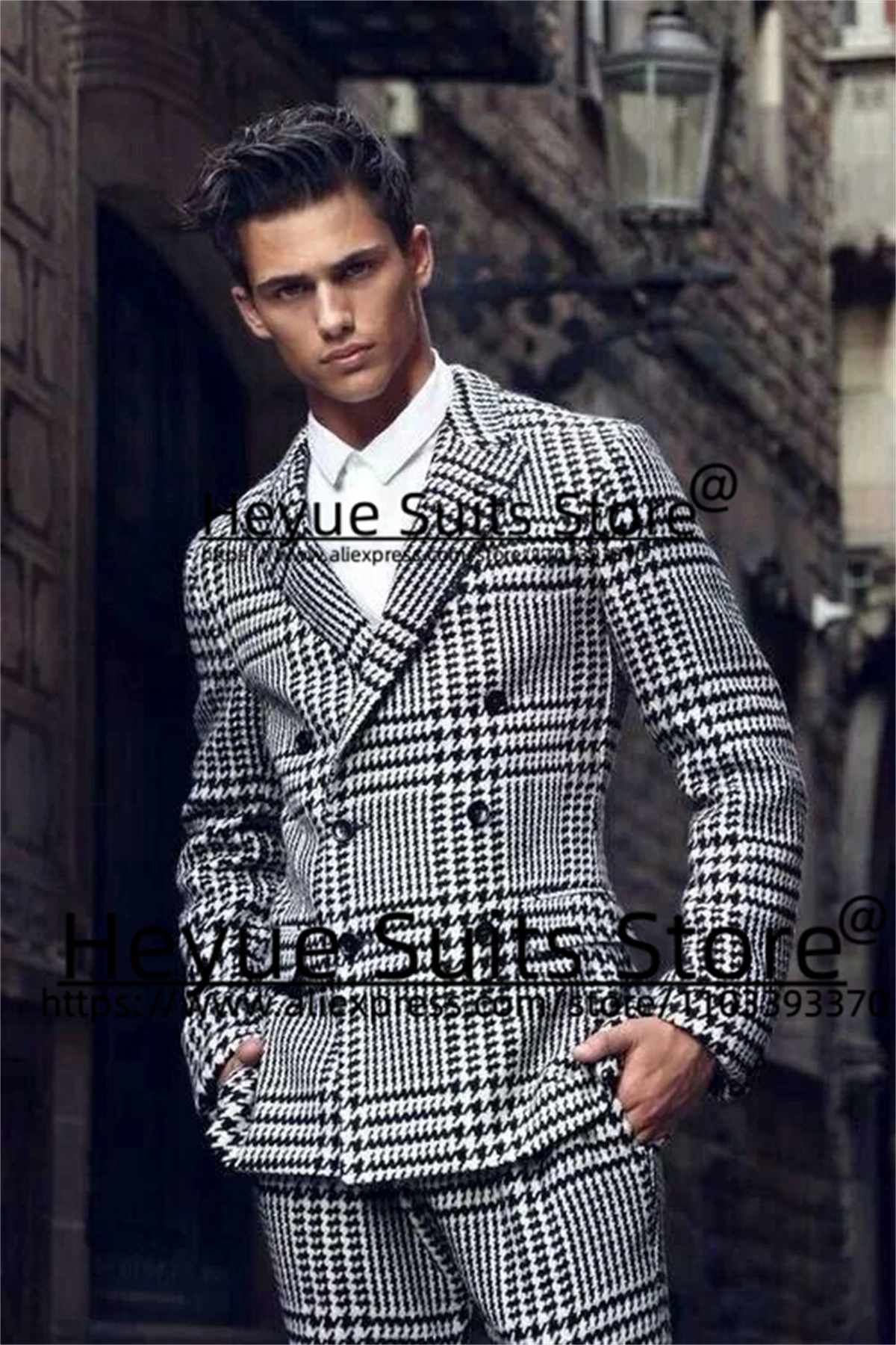 Classic Houndstooth Long Style Men Suits Slim Fit Double-breasted Groom Tuxedos 3 Pieces Sets Business Male Blazer Costume Homme