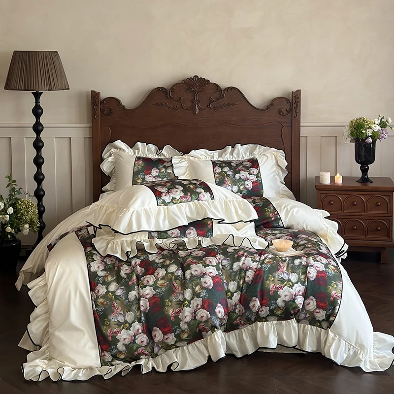 Retro Florals Digital Printing Bedding Set Luxury Ruffles Princess Bedclothes Egyptian Cotton Duvet Cover Bed Sheet Pillowcases