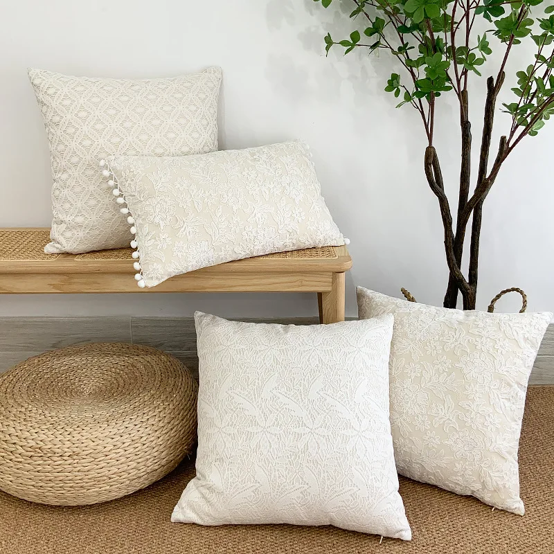 Romantic floral lace cushion cover decorative beige white embroidered pillow case
