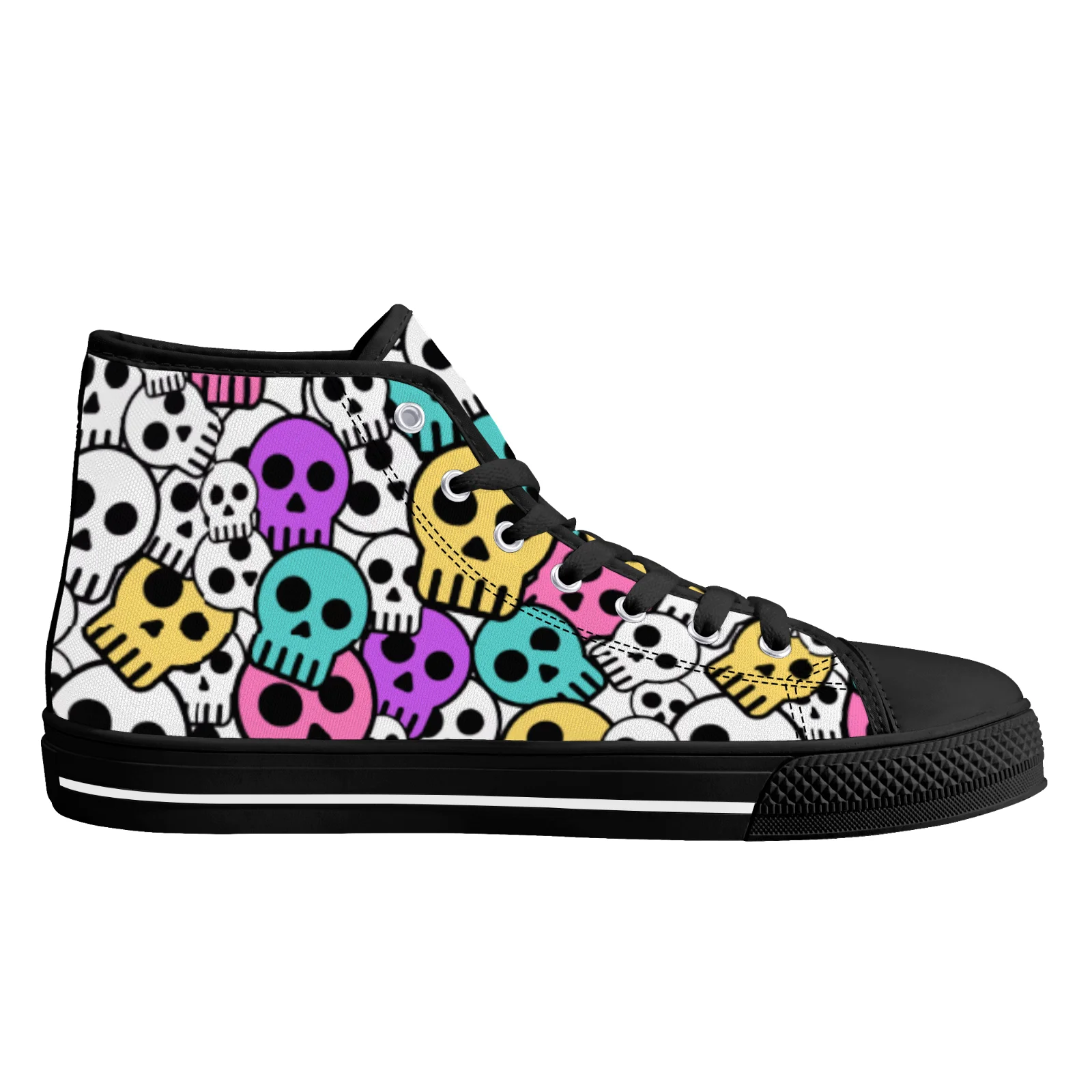 

Street style colorful skull print high-top canvas shoes flat sneakers for men and women lightweight casual shoes
