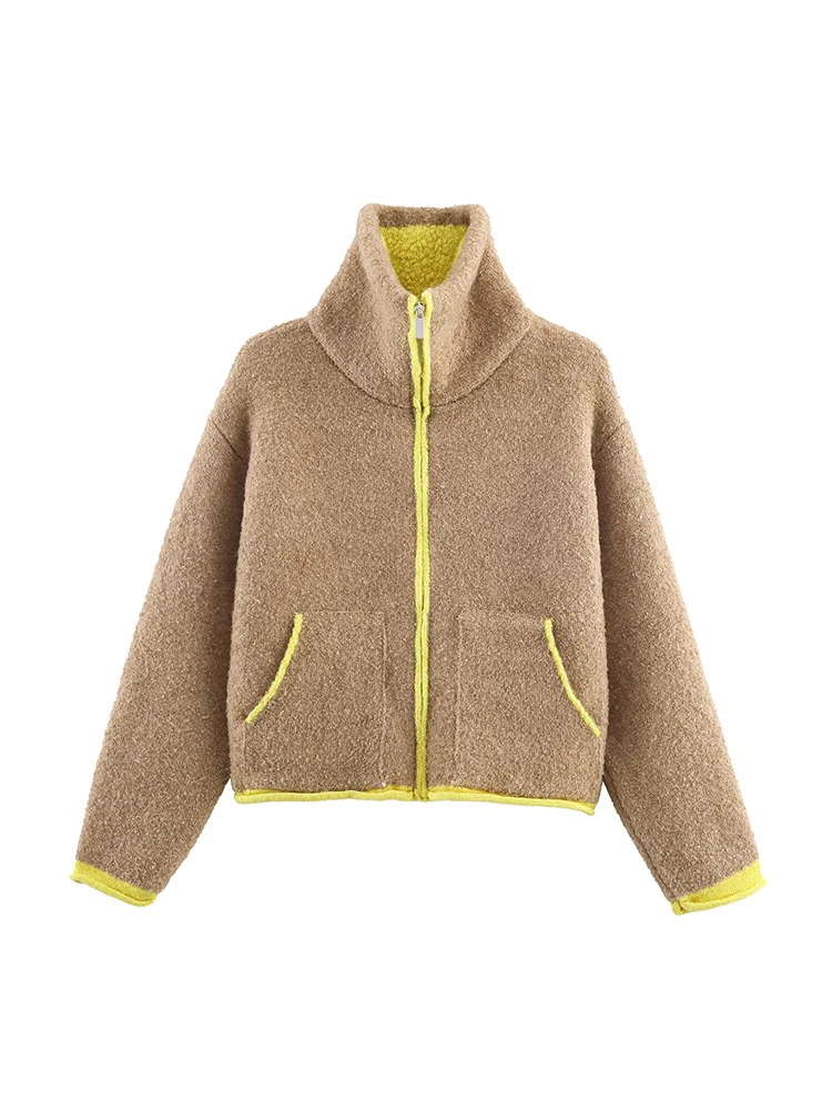 

European-style new women's fashionable and versatile loose-fitting color-blocked layered knit bomber jacket.