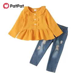 PatPat 2pcs Toddler Girl Sweet Ripped Cotton Denim Jeans and Doll Collar Crepe Blouse Set Perfect for Outings and Daily Wear