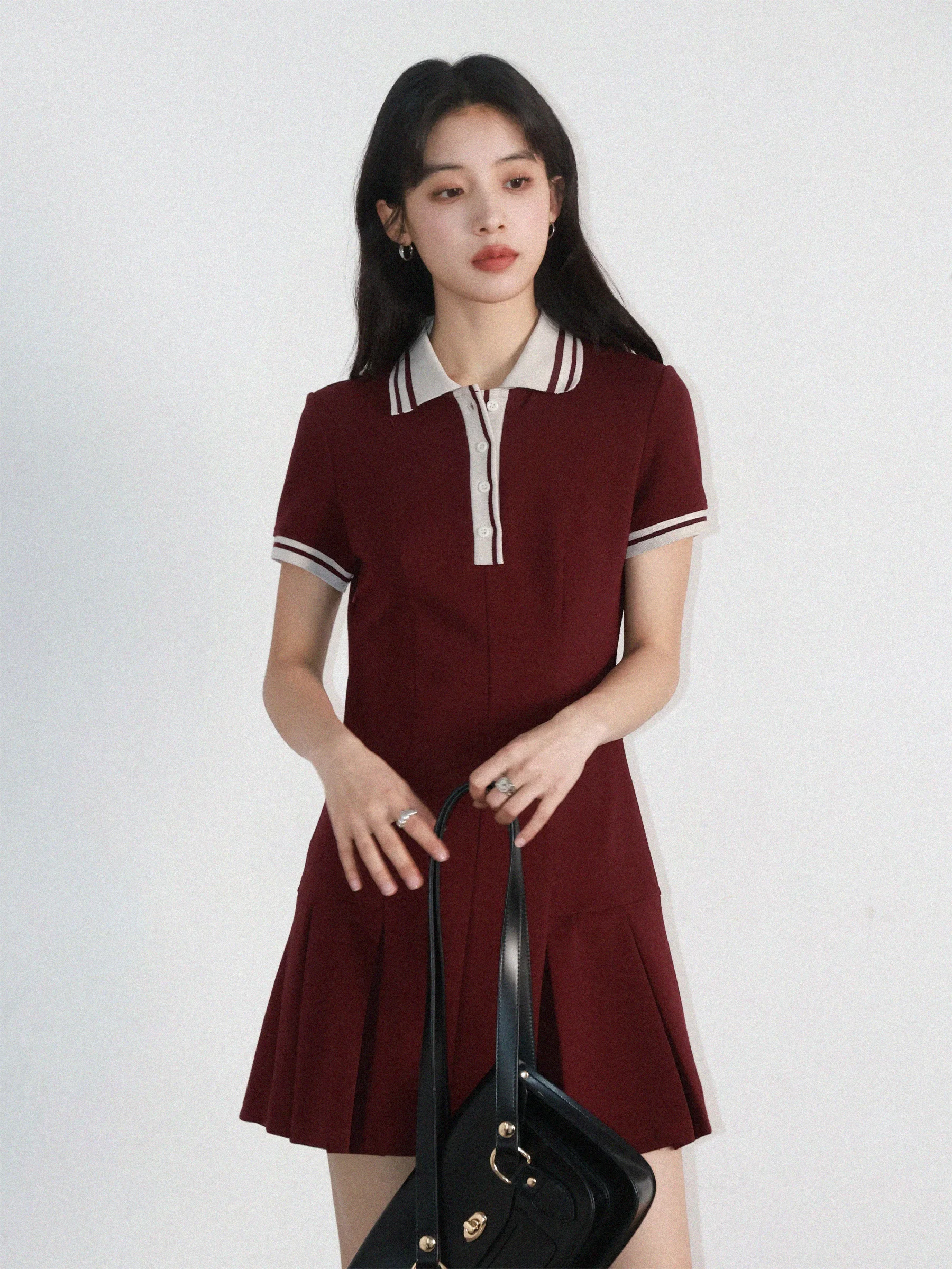CHIC VEN Women Dresses A Line Loose Casual Contrast Polo Short Sleeved Girl Dress Pleats Female Sports Coat Spring Summer 2025
