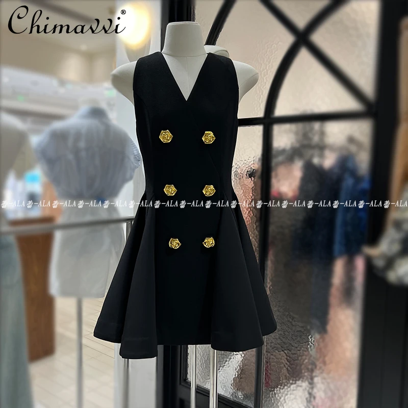 

Korean Fashion Commuter Dress Female 2024 Summer New V-neck Double Breasted Ruffled Stitching Business Above Knee Suit Dress