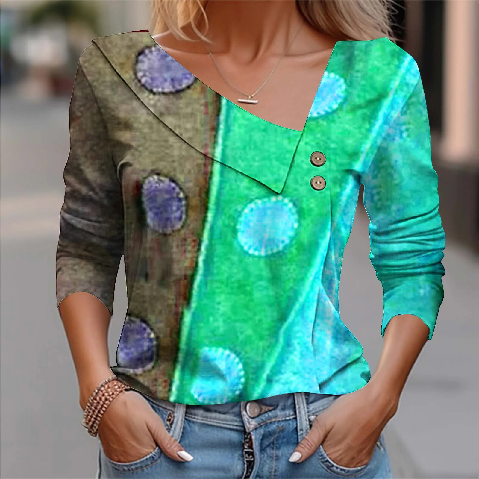 2024 Autumn V-neck Origin Print Color Shirt With Buttons Commuter Lady Harajuku Design Sense Pullover Spring Blouse For Women
