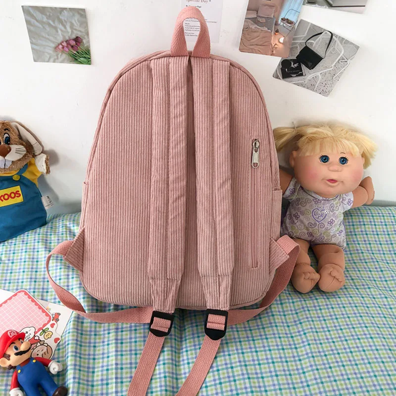 Mochila escolar bonita para adolescentes, bolso de pana a rayas para mujer, mochila Harajuku de algodón con cremallera, mochila de viaje Simple Kawaii, mochila suave sólida