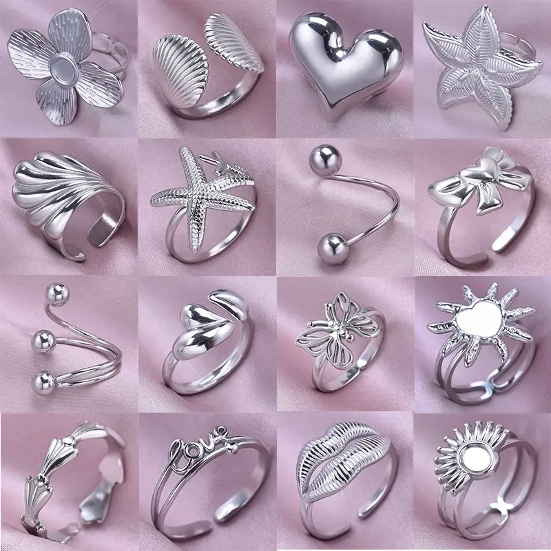 

6pcs/Lot Silver Color Circular Butterfly Ring High-Quality Classic Flower Ring Stainless Steel Adjustable Opening Jewelry Gift