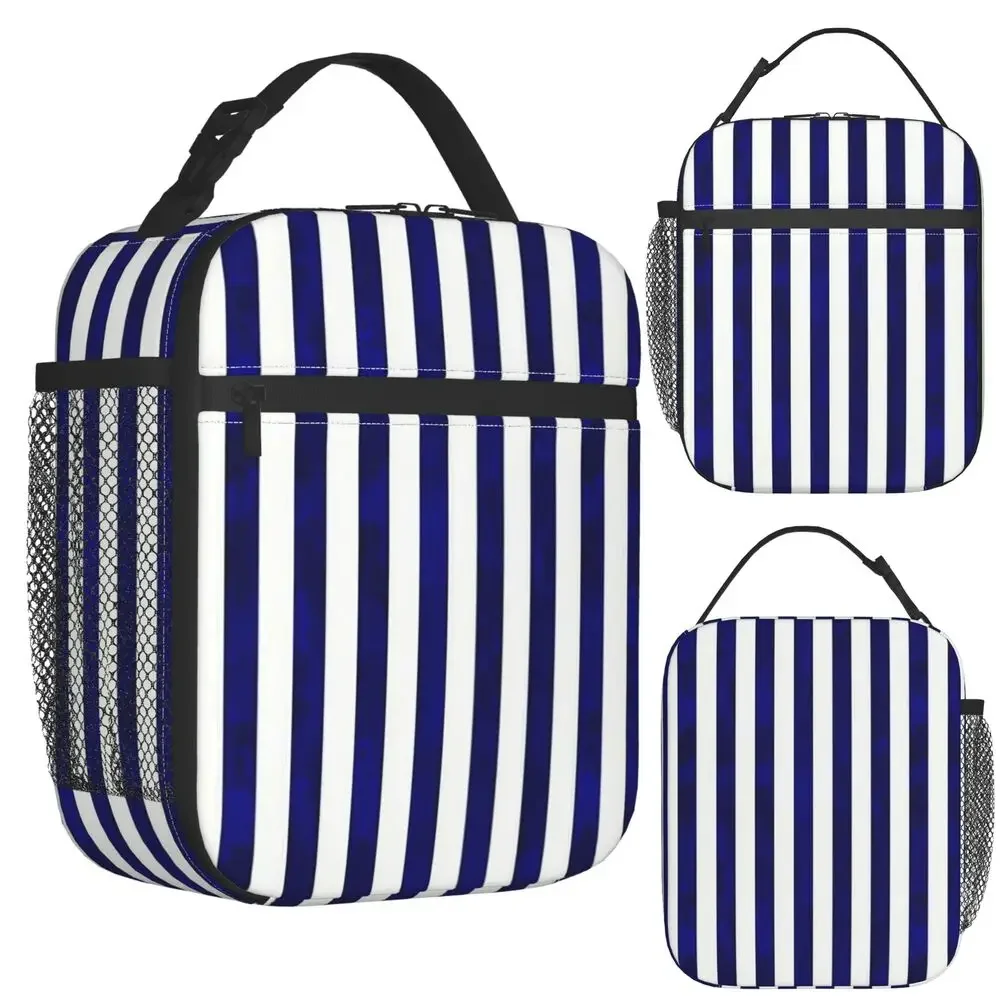Classic Stripes Navy Blue And White Insulated Lunch Bag for Women Kids Portable Food Boxes Thermal Lunch Box Tote