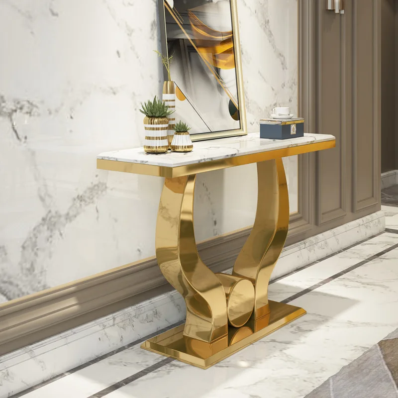 Italian light luxury marble entrance table stainless steel rock slab entrance platform against the wall
