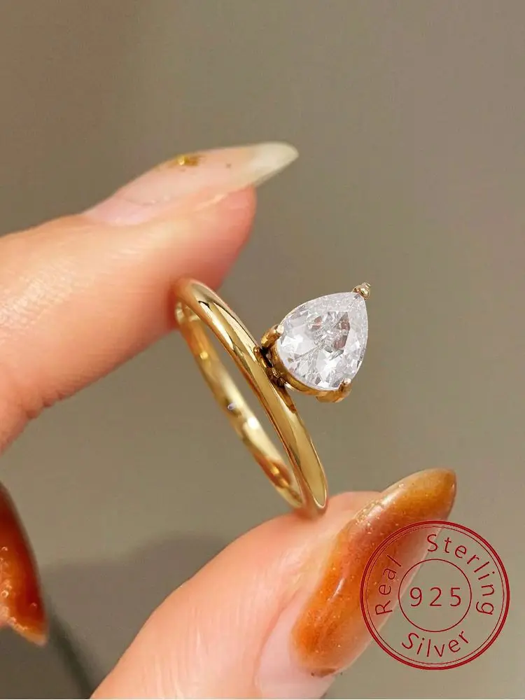 925er Sterlingsilber, Kreativität, goldener geneigter Kopf, Wassertropfen, Zirkon-Ring für Frauen, Jahrestag, luxuriös, hochwertiger edler Schmuck
