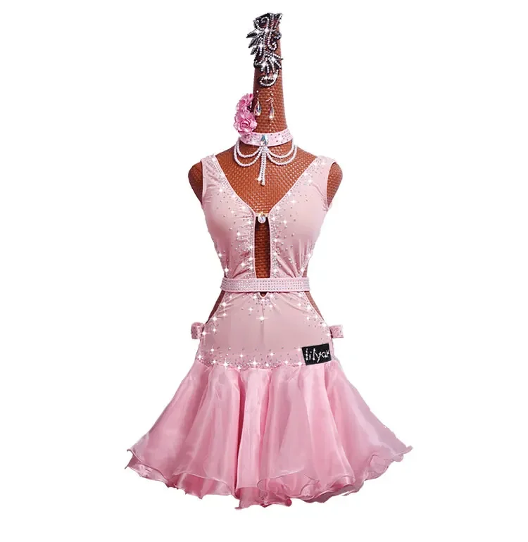 6pcs/set Latin Dance Costume Latin Dance Skirts Competition Dress Performing Dress Pink Pleated Dress Hollow Out