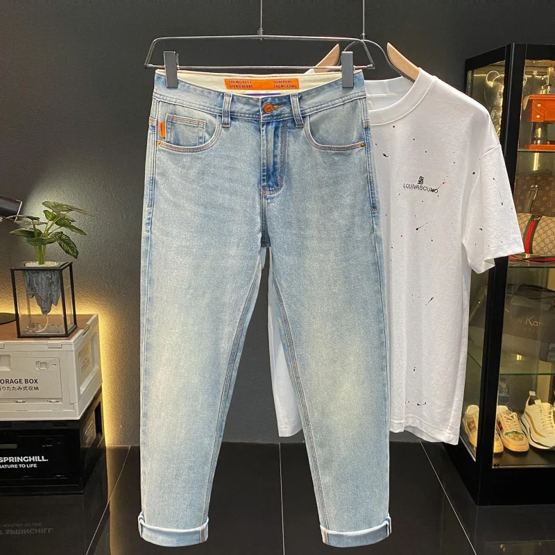 Men's Summer Light Blue Denim Pants, Vintage Style, Washed, Faded, Stretch, Slim Fit, Straight, Versatile, Daily Casual
