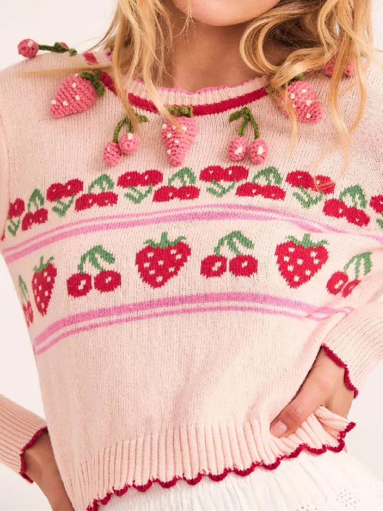 2022 Autumn 2 style Wears 3D Cherry Fruit Back Buttons Cropped Cardigan Woman O neck Puff Sleeve Knitted Sweater Knitwear Pink