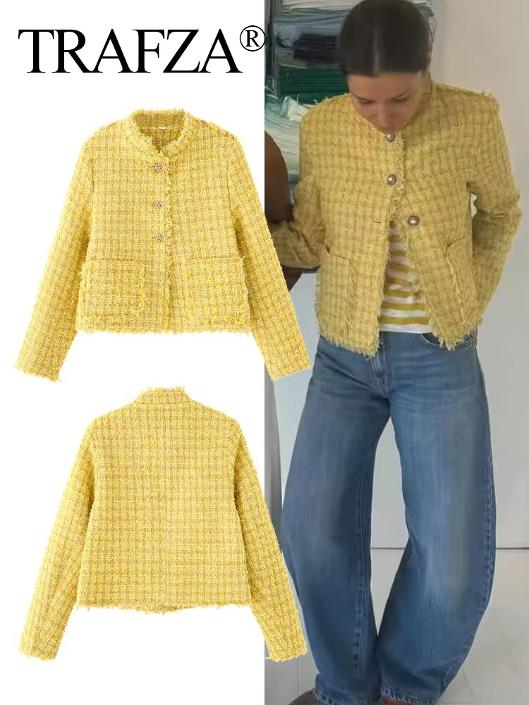 TRAFZA Mode Frauen Gelb Tweed Jacken Schlank Einreiher Langarm Herbst Mäntel Weibliche Kleine Duftende Stil Oberbekleidung