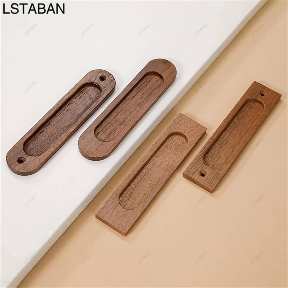 Walnut Sliding Barn Door Handle Cabinet Hidden Drawer Pull Solid Wood Punch-free Wardrobe Door Knob Furniture Hardware Pull Knob