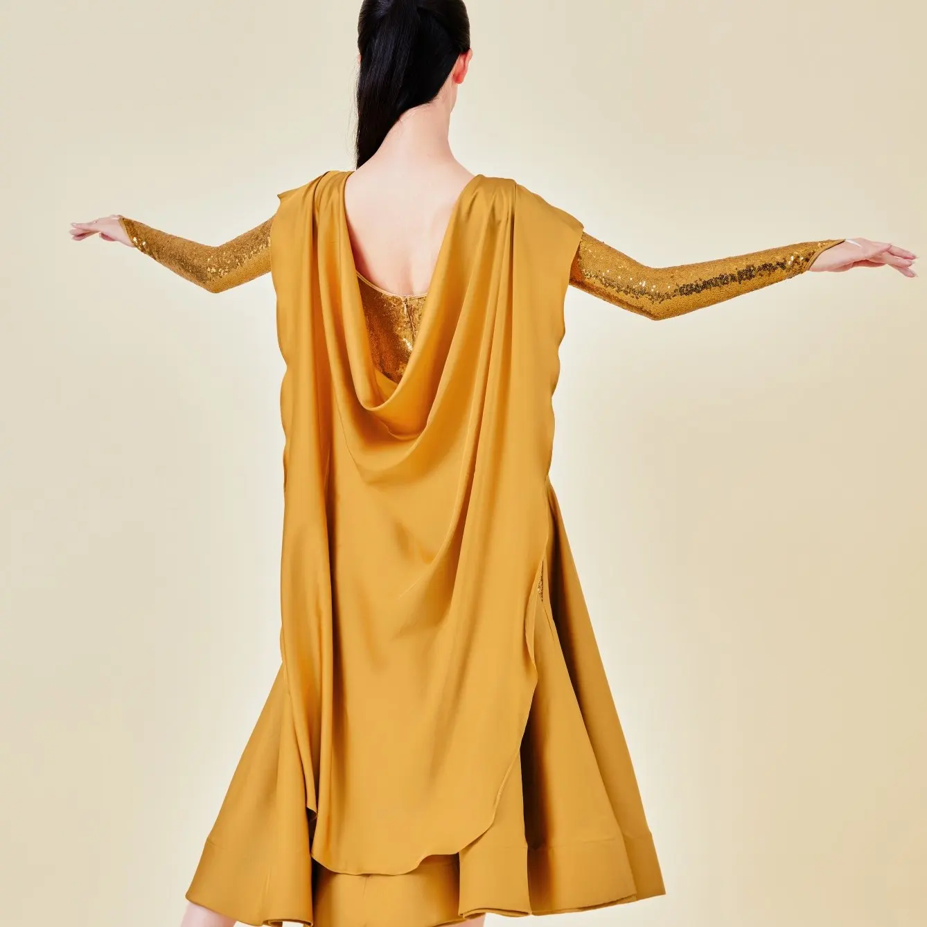 Gold Sequins Long Sleeves Long Dress Women Waltz Ballroom Dance Performance Costume Competition Dress Tango Stage Dress BL19917