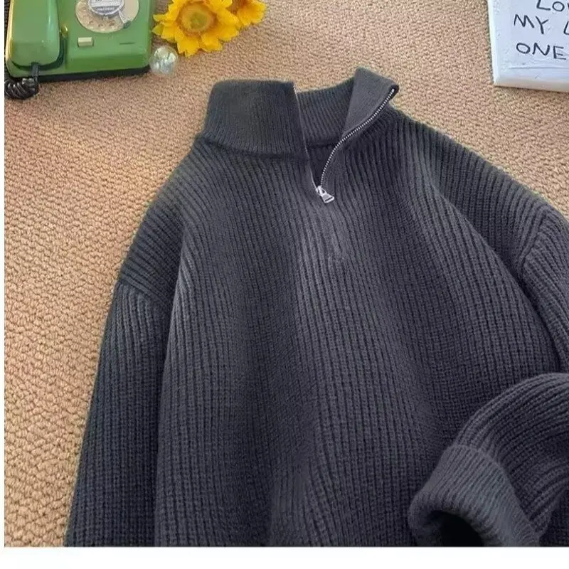 Suéter Casual de Punto con Cuello Alto para Hombre, Color Sólido, Media Cremallera, Estilo Coreano Otoño 2025, Estilo Hoado...