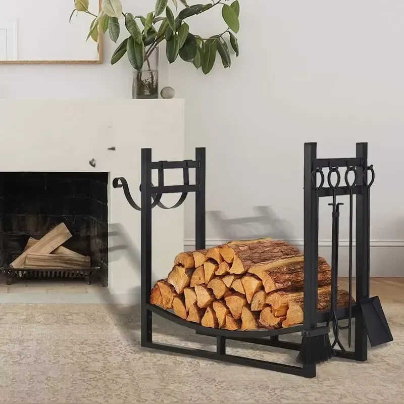 Nordic Black Wrought Iron Floor Standing Firewood Rack Tool Holder Multi Layer Log Storage Shelf Matching for Home Fireplace