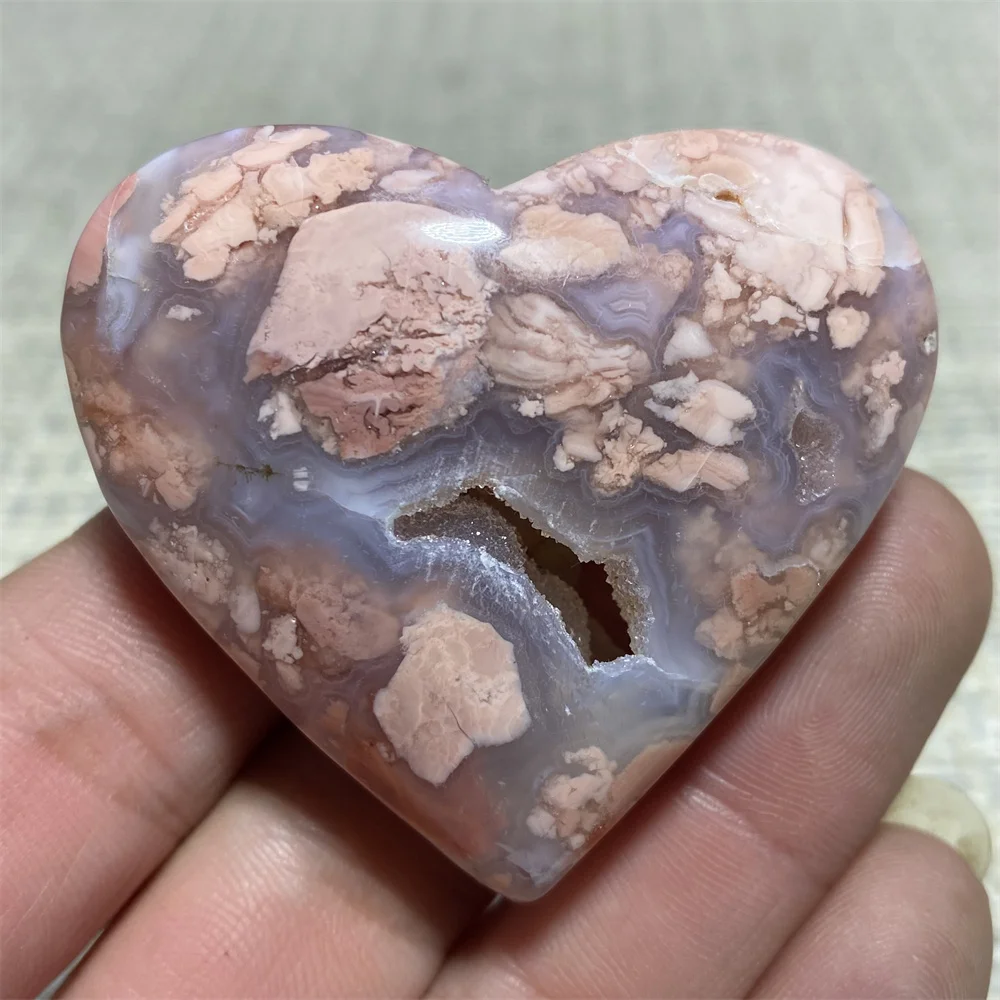 Heart Shaped Pink Flower Agate Palm Stone Natural Mineral Gem Specimen Polishing process Decorative Spiritual Meditation