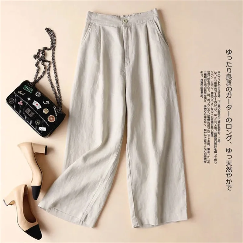 Summer Baggy Cotton Linen Pants Women Elegant High Waist White Wide Leg Pants Woman Casual Loose Straight Streetwear Bottom New