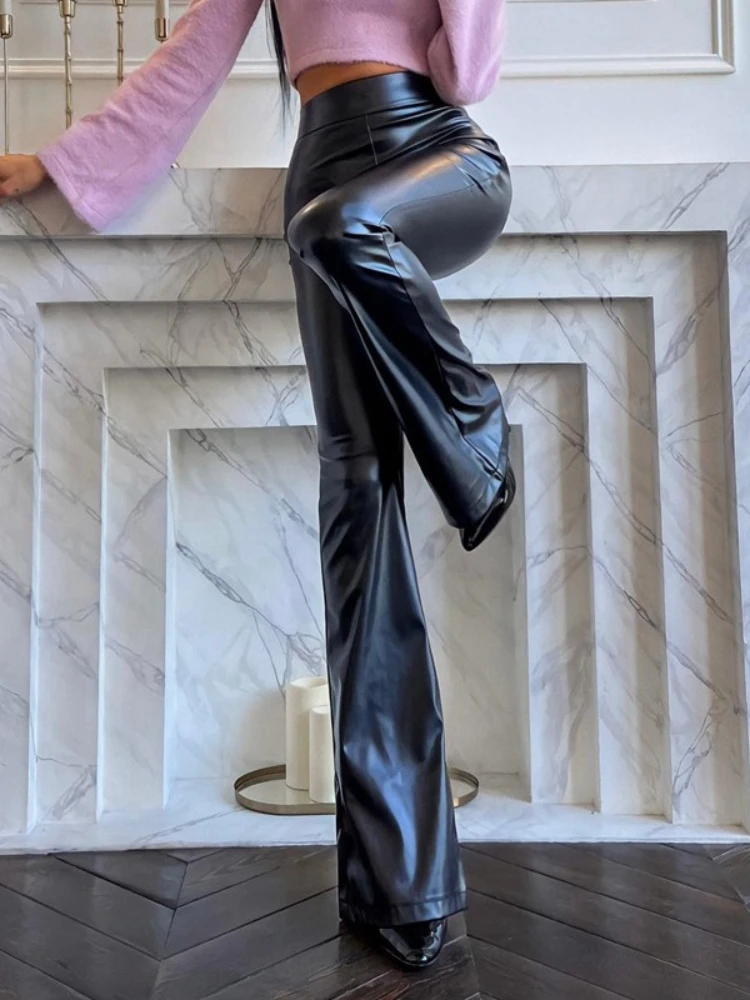 Tall Girl Faux Leather Flared Legging Women Long High Waist Stretchy Shiny PU Leggings Bell Bottom Pleather Fit Pleather Pants
