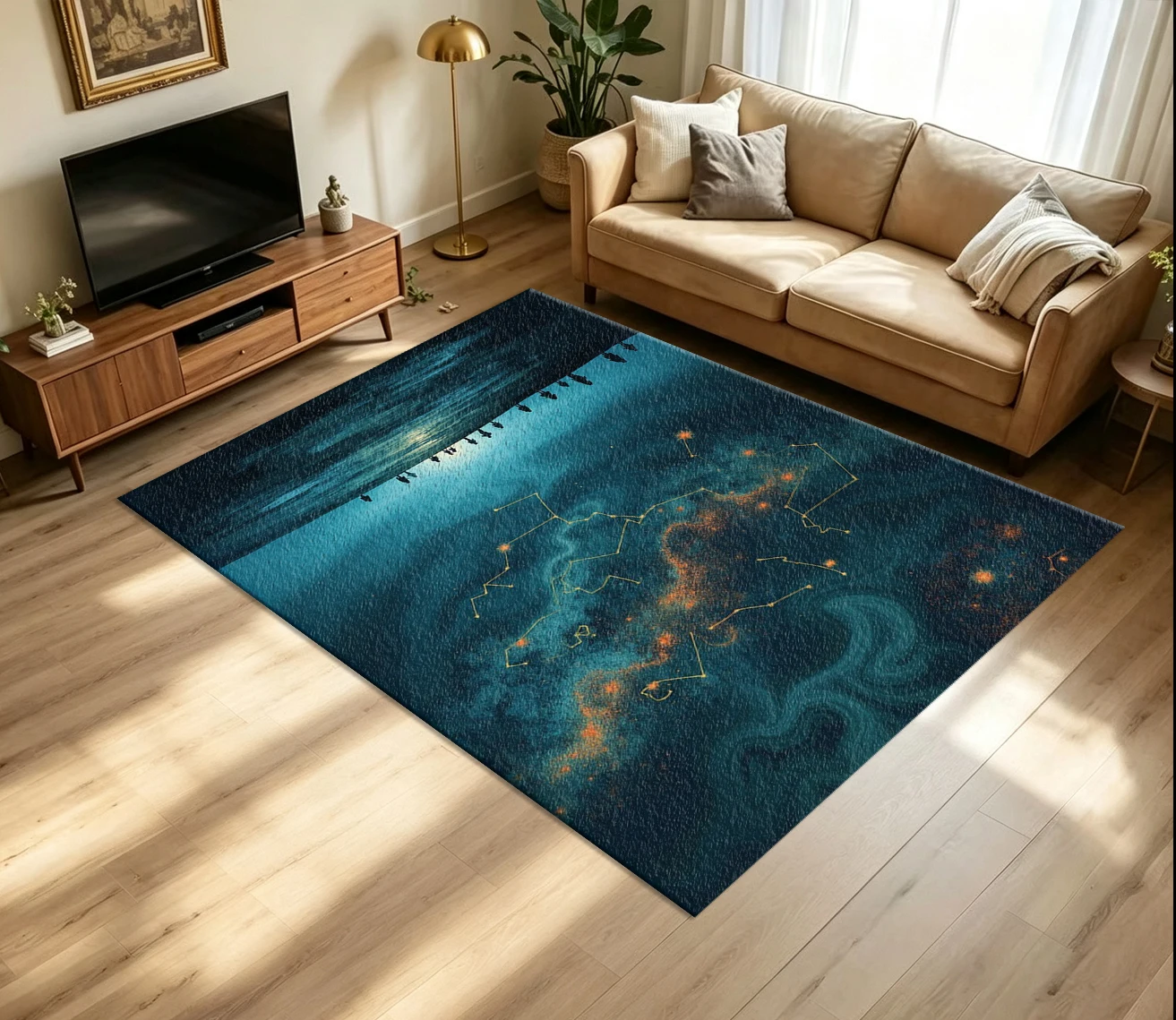 Cosmic Constellation Galaxy Carpet Flooring Dark Starry Sky Zodiac Star Silhouette Surreal Art Pattern Printed Floor Rug for Household Indoor Mysterious Home Decoration