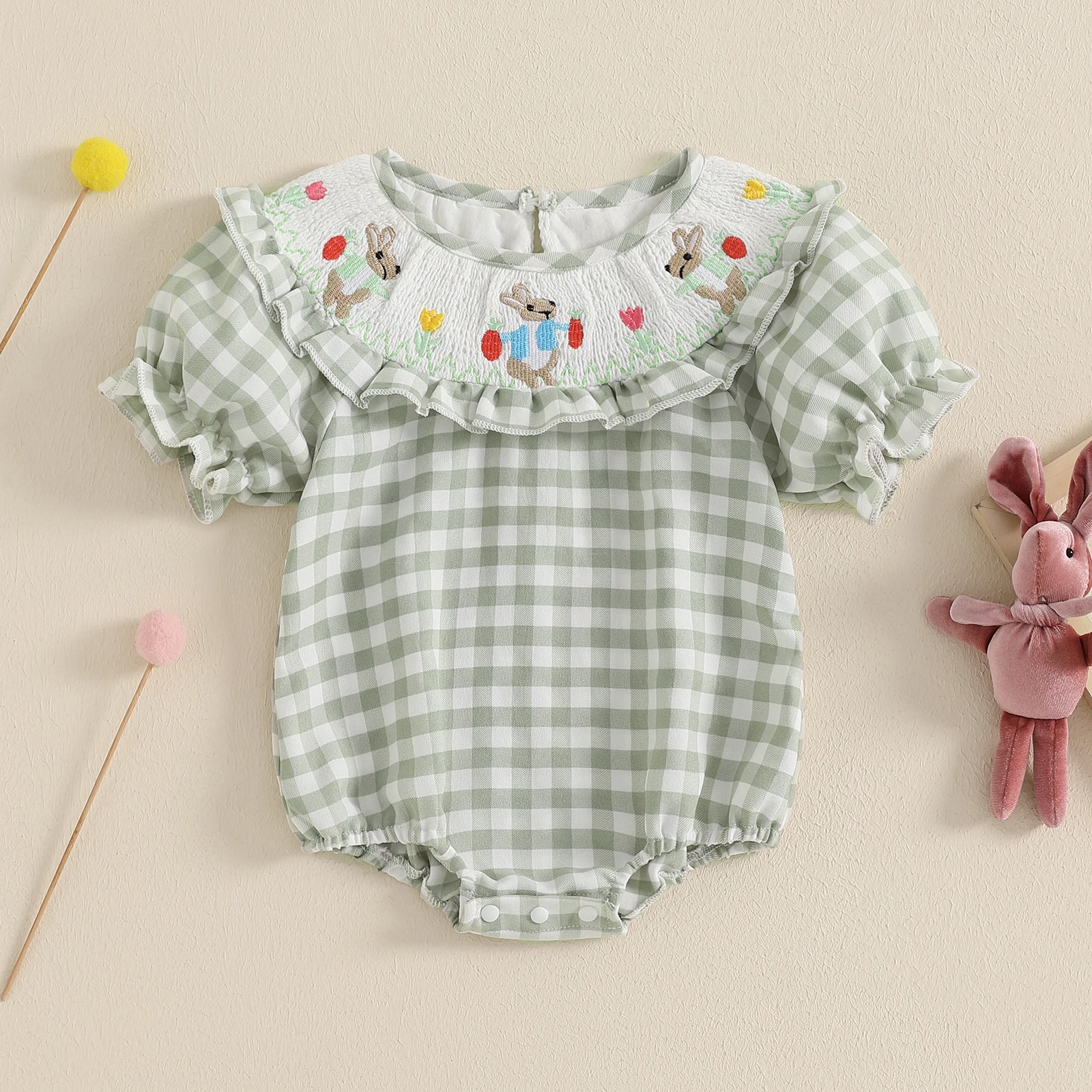

BeQeuewll Baby Girl Plaid Bodysuits Princess Cute Easter Romper Summer Bunny Carrot Shirred Short Sleeve Kids Jumpsuit Clothes