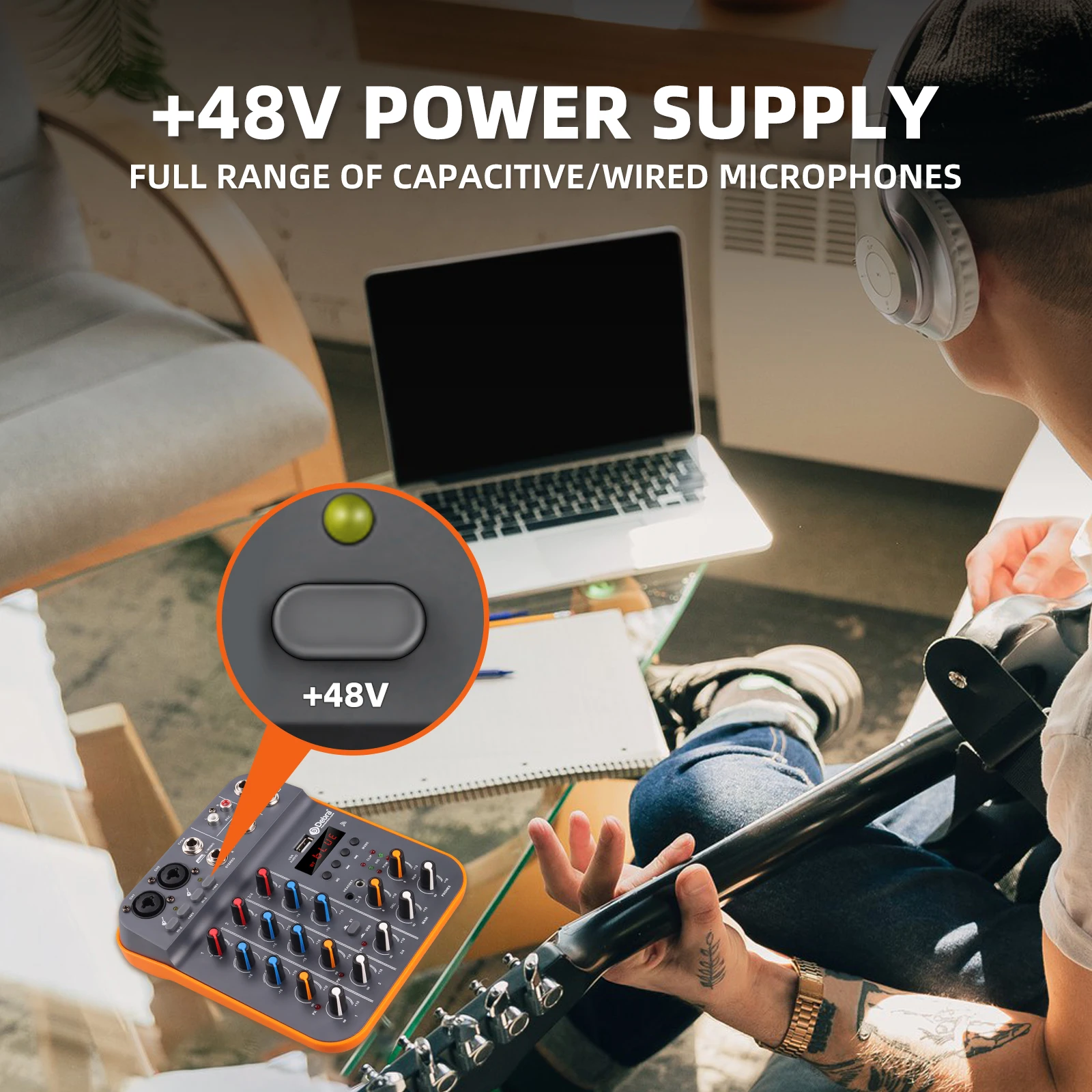 リバーバー付きオーディオミキサー,djコンソール,PC用サウンドカード,録音,カラオケ,d4m,Bluetooth 5.0, 48v,4チャンネル