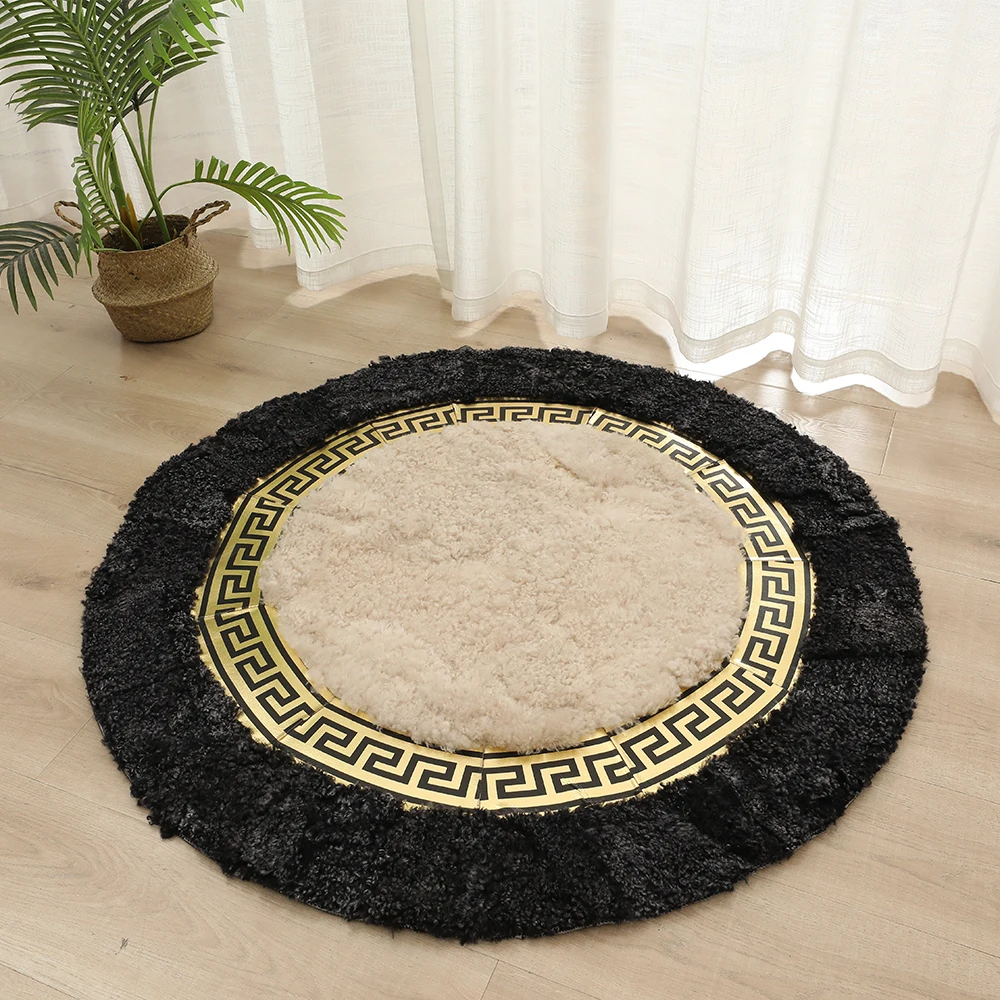 Black Gold Round Sheepskin Area Rugs Fluffy Soft Living Room Carpet Modern Fur Rug 4x4ft Office Gold Black Rug