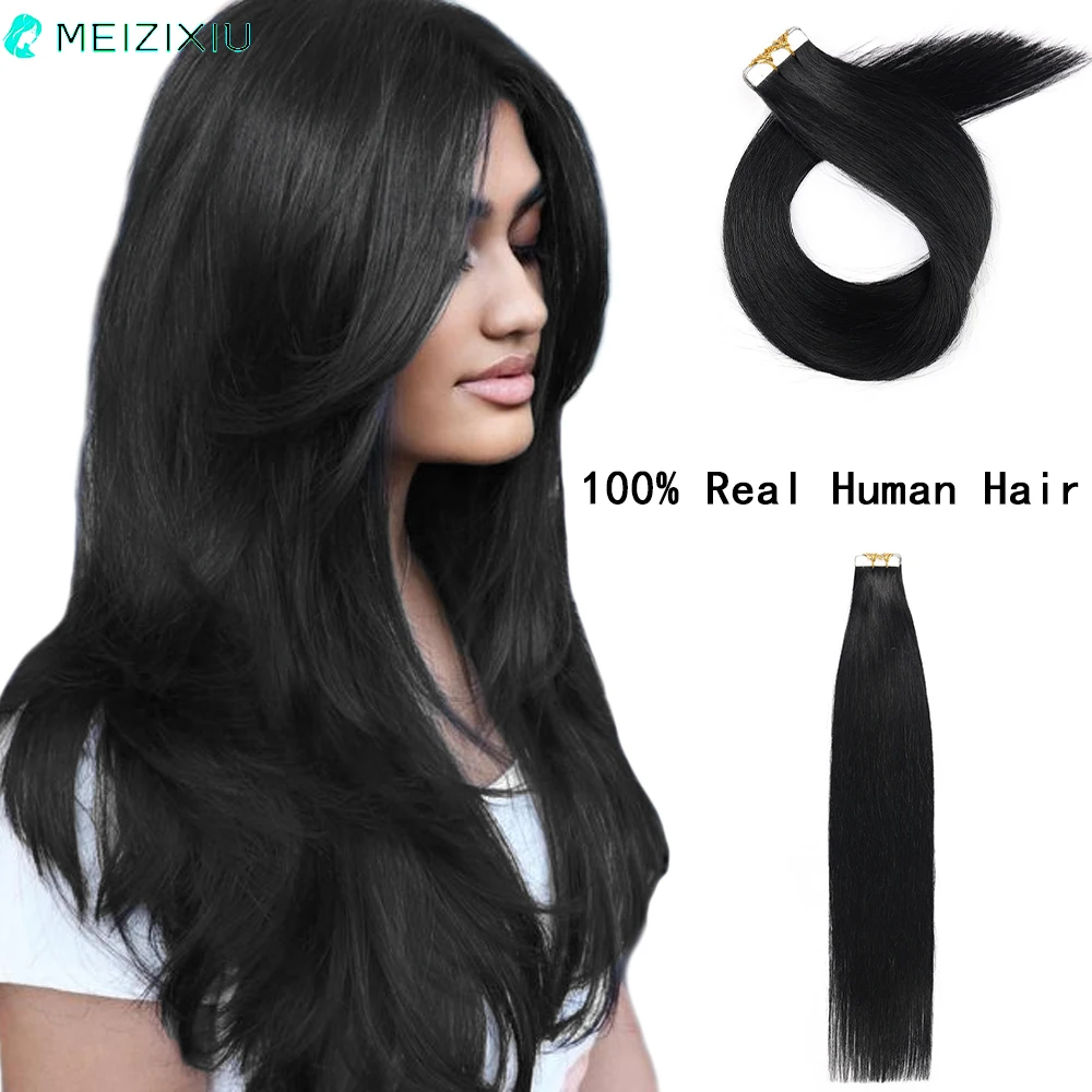 Tape in Hair Extensions Natural Black 100% Remy Real Human Hair 24 Inch 20pcs 50g/pack Straight Seamless Skin Weft Women Hair