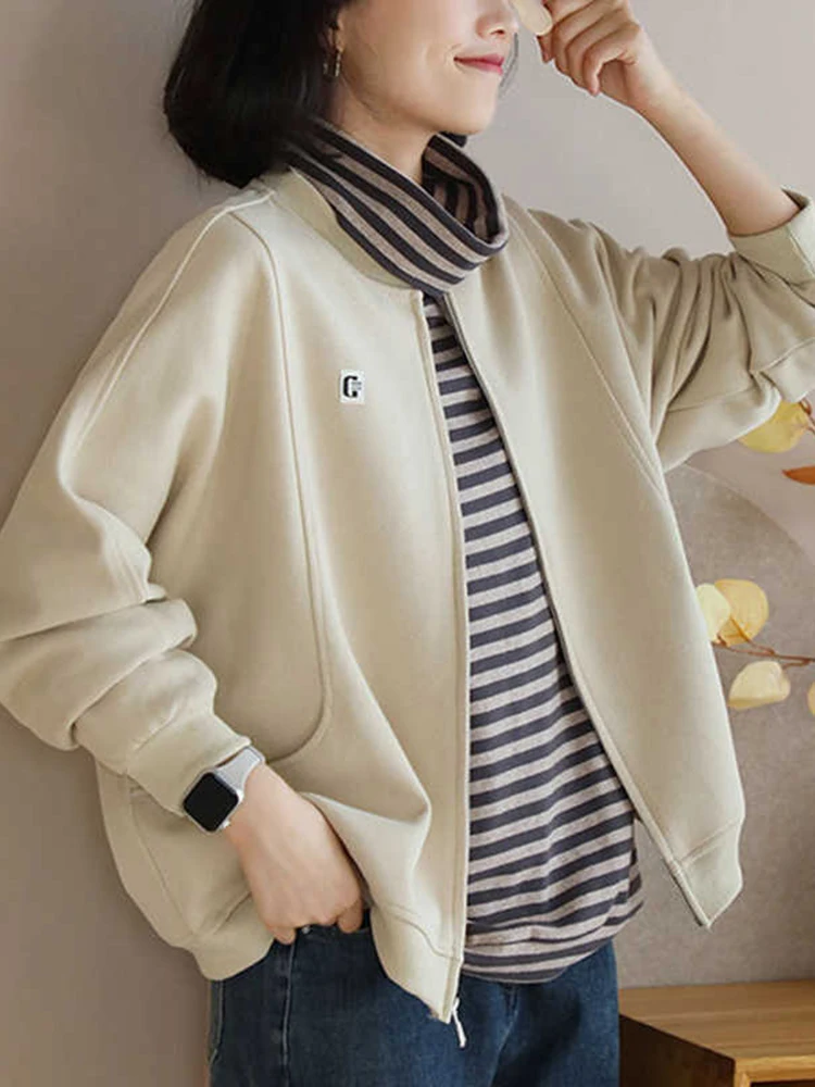 

Faionable Casual Loose Women's Jaet Korean Sle Spring Autumn New Large Size Anti-Aging Cute Zipper Closure Long Sve