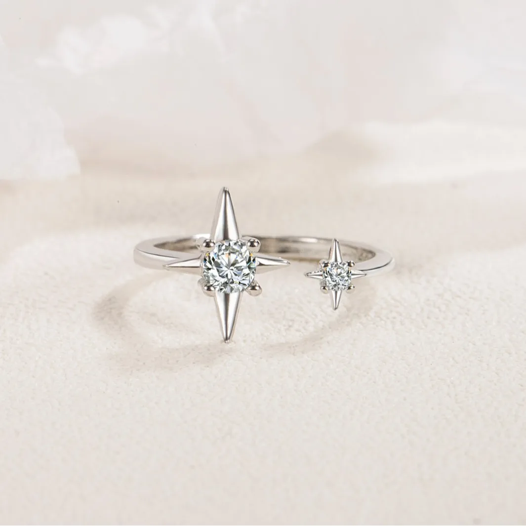 Fashion Women's S925 Sterling Silver Ring, Four‑Pointed Star Starlight Zircon Jewelry Ring