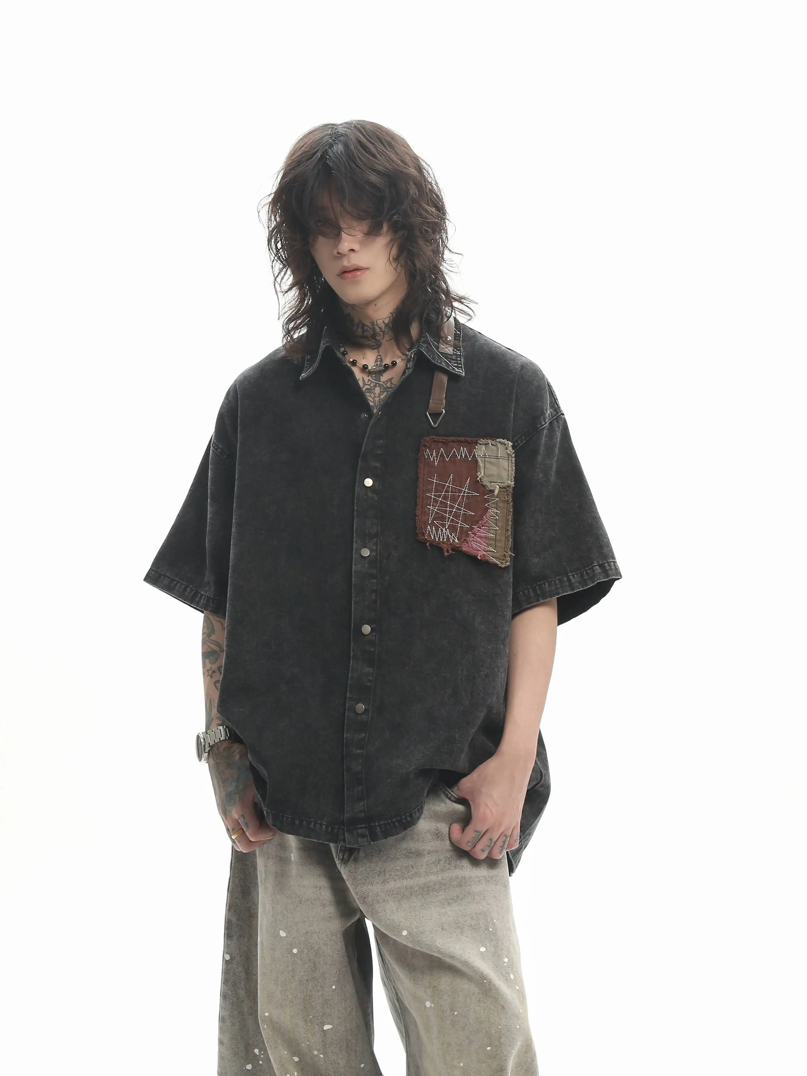 2026 New Unisex Heavyweight Street Patch Embroidery Short Sleeve Denim Shirts Vintage Washed American Retro Loose Blouse Tops