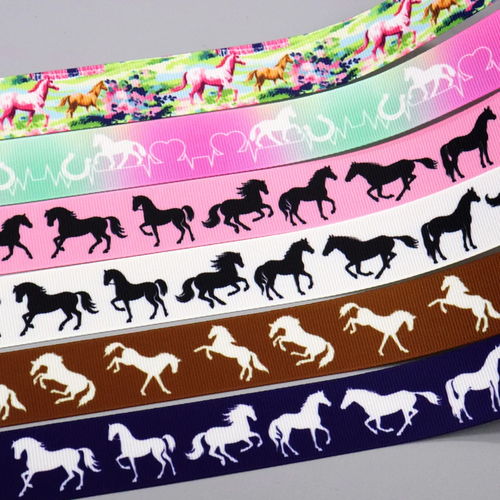 DHK 50yards Horse Printed Grosgrain Ribbon Accessories Material Headwear Decoration Collar DIY Sewing Craft S2625