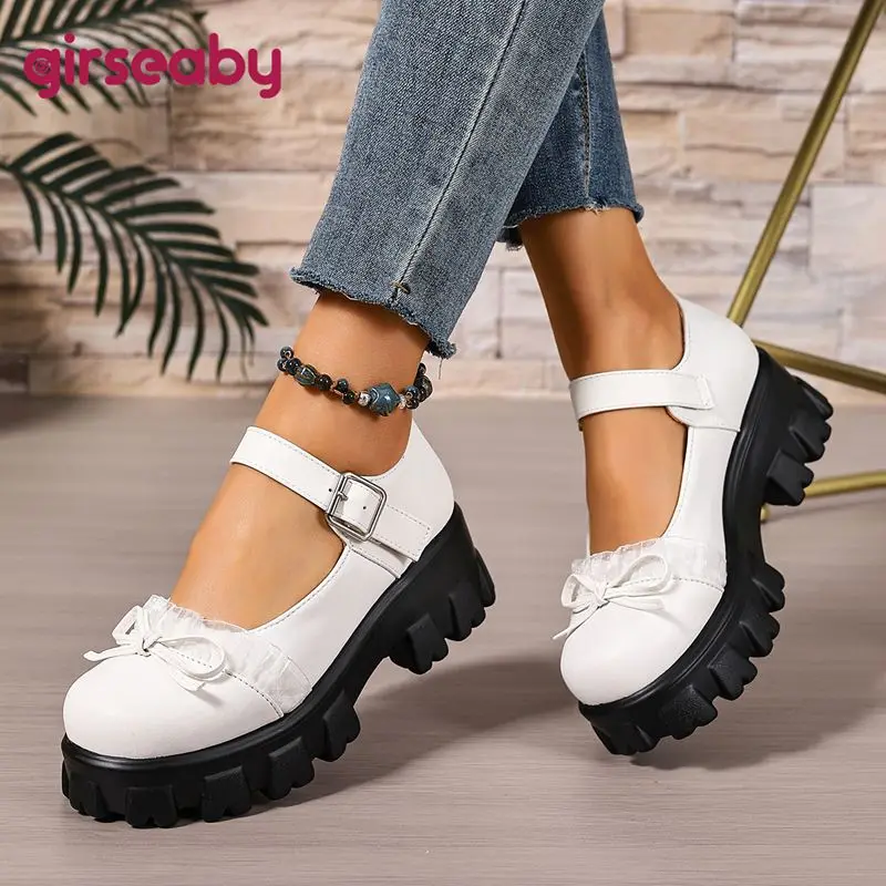 

Girseaby White Female Pumps Round Toe 5.5cm Thick Heel Platform Buckle Strap Bowknot Plus Size 45 46 47 Punk Leisure Daily Shoes