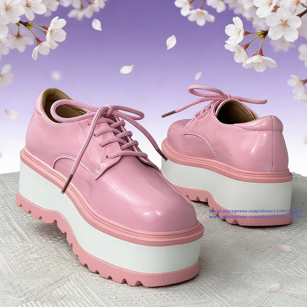 

Women's Pink Patent Leather Platform Oxford Shoes Y2K Chunky Platform Lace Up Sneakers Goth Kawaii Wedge Platform Women's Shoes