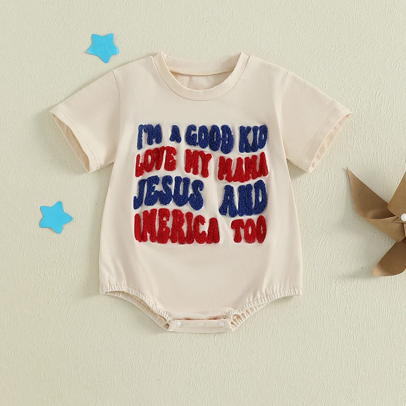 

Infant Fourth of July Short Sleeve Round Neck American Flag Print Jumpsuit Baby Boy Patriotic Outfit for Newborns