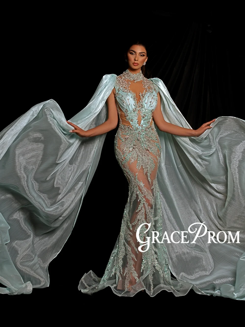 

Изысканное вечернее платье с вышивкой и кружевом, с рукавами-накидкой, элегантное свадебное или праздничное платье, индивидуальный пошив, силуэт «русалка», для красной дорожки