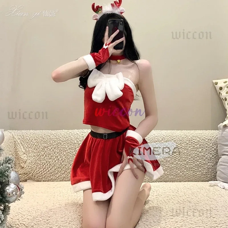 

a7d@Christmas Women Dress Santa Claus Costume Snowflake Headwear Gloves Sexy Dress Uniform Warm Plush Outfits Costumes Cosplaya7